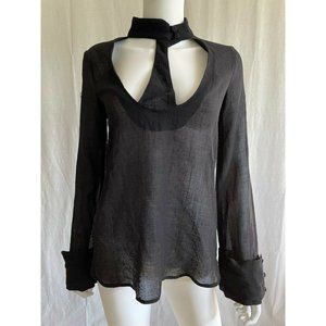 Elle H Boutique Women's Top Blouse Black Scoop Neck With Tie Long Sleeves S